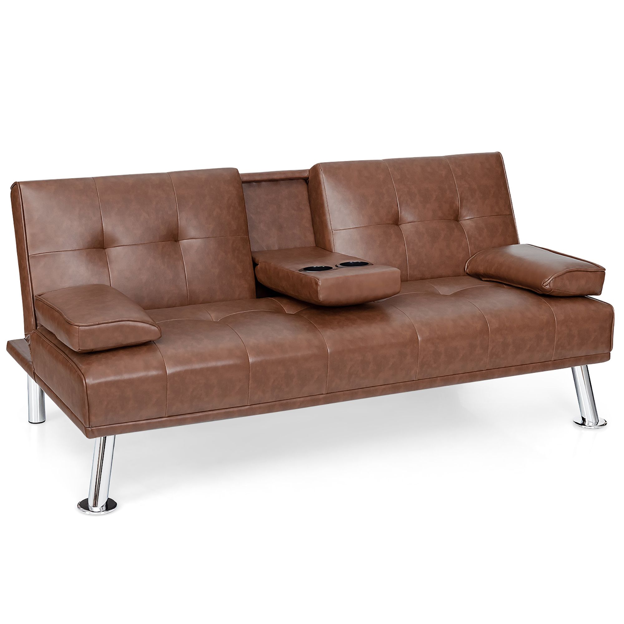 Costway Convertible Folding Futon Sofa Bed Leather w/Cup Holders&Armrests Brown