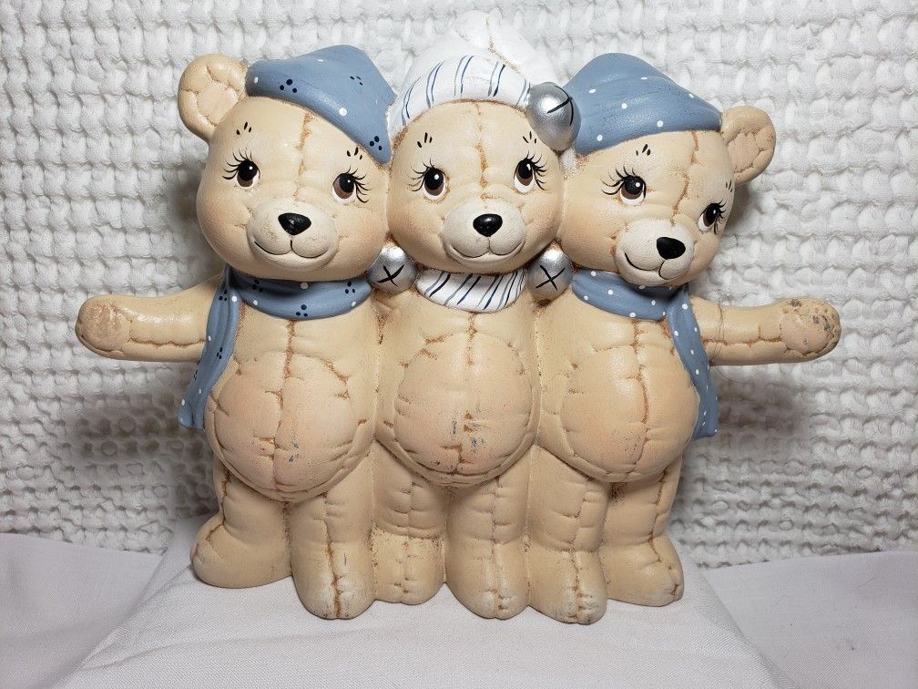 Ceramic Teddy bear trio . Good condition and smoke free home. Measures 8 3/4" T X 9 3/4" L