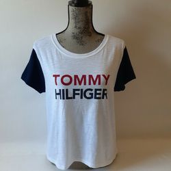 Tommy Hilfiger women's white/navy short sleeve graphic t-shirt size L  Thumbnail