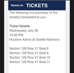 Mariners Tickets Vs. Astros 7/28 Thumbnail