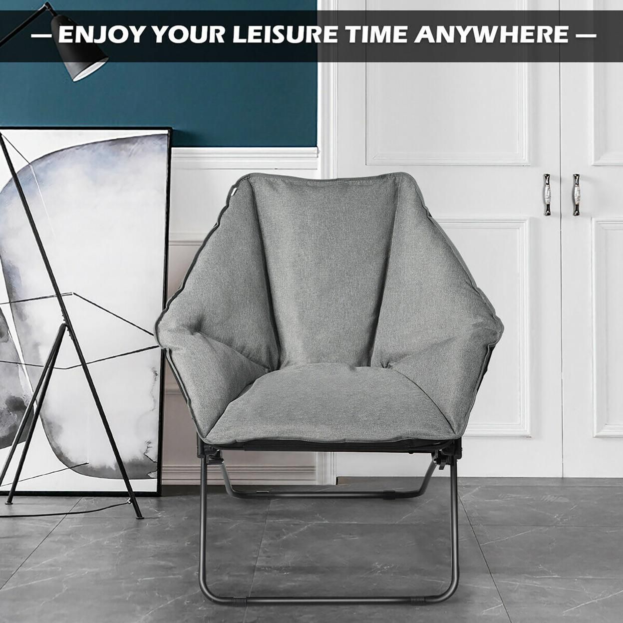 Costway Folding Saucer Padded Chair Soft Wide Seat w/ Metal Frame Lounge Furniture