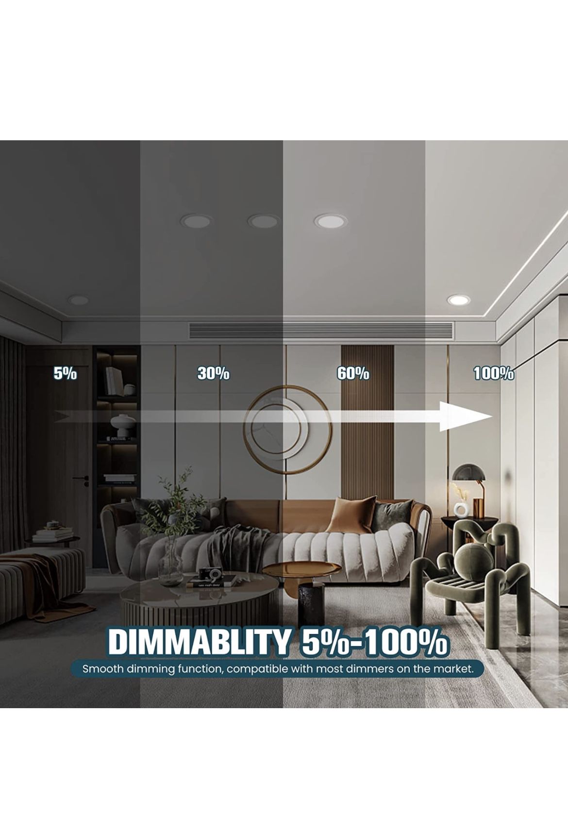 4 Inch 5CCT Ultra Thin LED Recessed Ceiling Light w/Junction Box, 2700K-5000K Selectable, 9W Eqv 80W 800LM High Brightness Dimmable Can-Killer Downlig