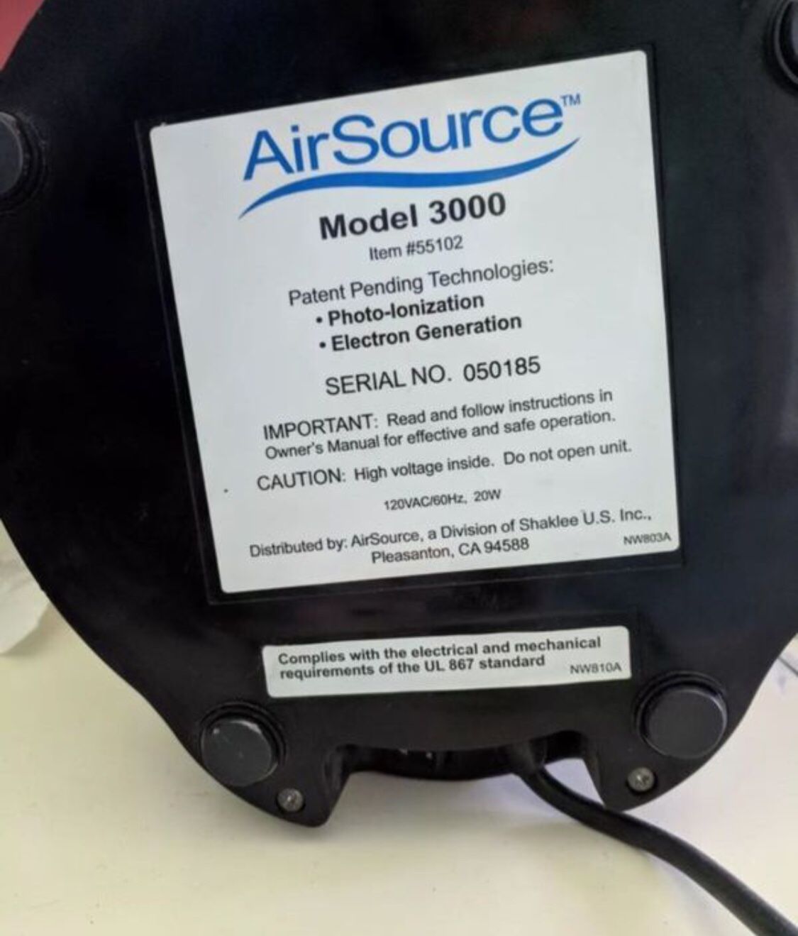 Shaklee AirSource 3000 Air Purifier PhotoIonization Electron