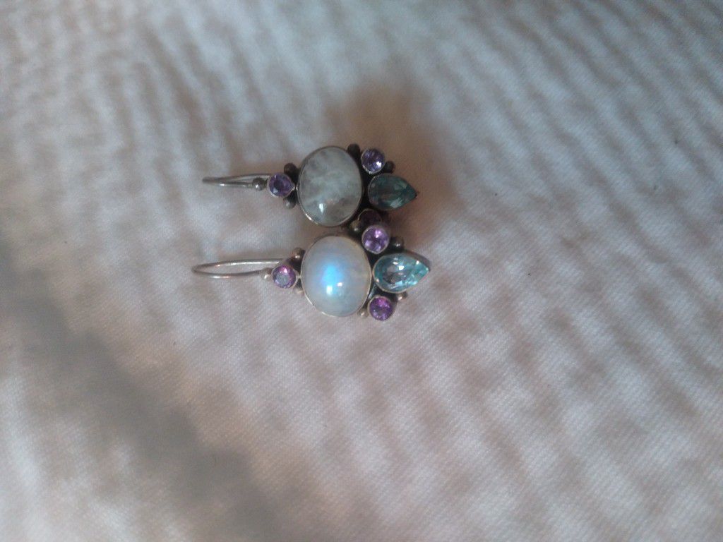 Sterling Silver Moonstone, Amethyst, Aquamarine Earrings