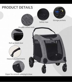 Foldable Dog Stroller with Storage Pocket, Oxford Fabric for Medium Size Dogs - Grey Thumbnail