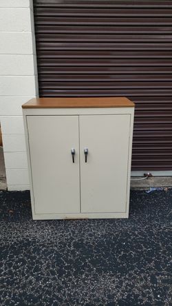Sandusky Metal Office Supply Cabinet with Shelves and wood laminate top