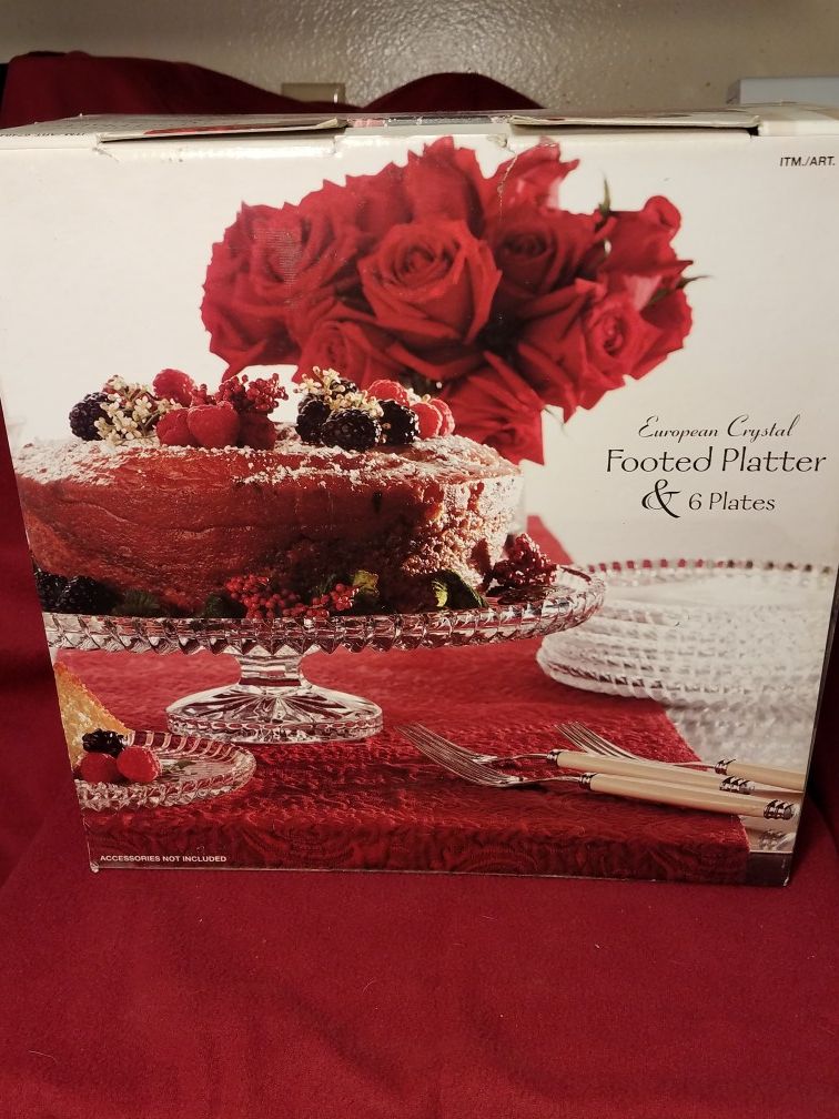 EUROPEAN CRYSTAL FOOTED CAKE PLATE AND SERVING PLATES