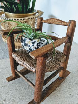 Vintage wood & wicker rocking plant chair 7" x 4.5" Thumbnail