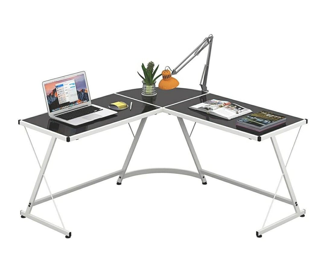 Modern Nickel Silver Finish Corner L Desk (Steel and Glass)