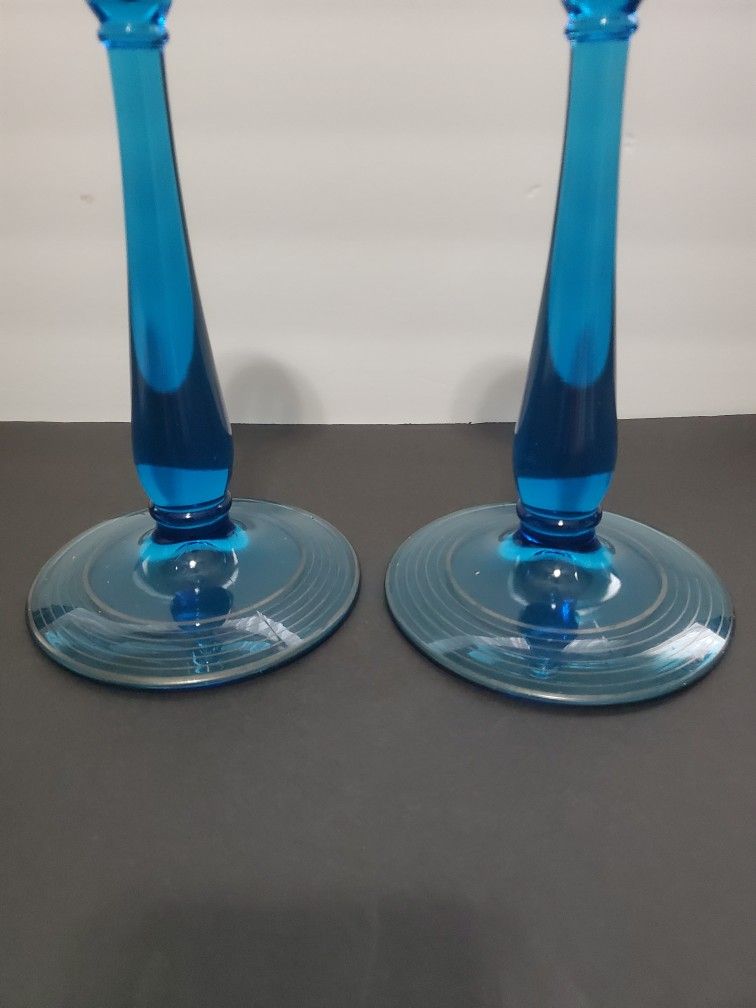 Mid-Century Teal Blue Glass Candle Holder With Silver Rings on The base.