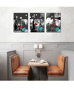 Kitchen Wall Decor Canvas Wall Art Red Wine Teal Rose Artwork for Home Walls Black and White Painting Giclee Printed Dining Room Decor Turquoise Pine  Thumbnail
