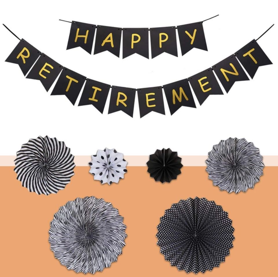 NEW! Retirement Party Decorations, Black and Gold Retirement Party Supplies with Happy Retirement Banner Latex Balloons Tissue Pom Poms Paper Fans Ret