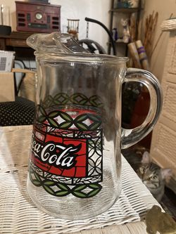 Vintage Coca~Cola Glass Pitcher, Stained Glass Style, No Cracks Or Chips, 64 Oz. Thumbnail