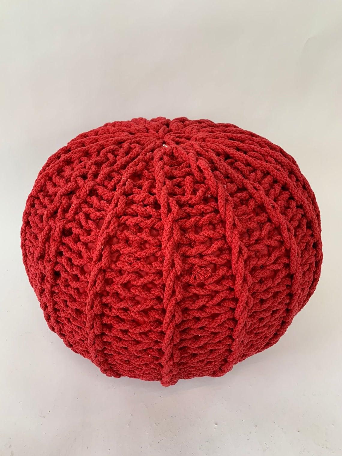 Knitted Round Foot Stool Twizler 100% Cotton Ottoman Braided Red Pouf