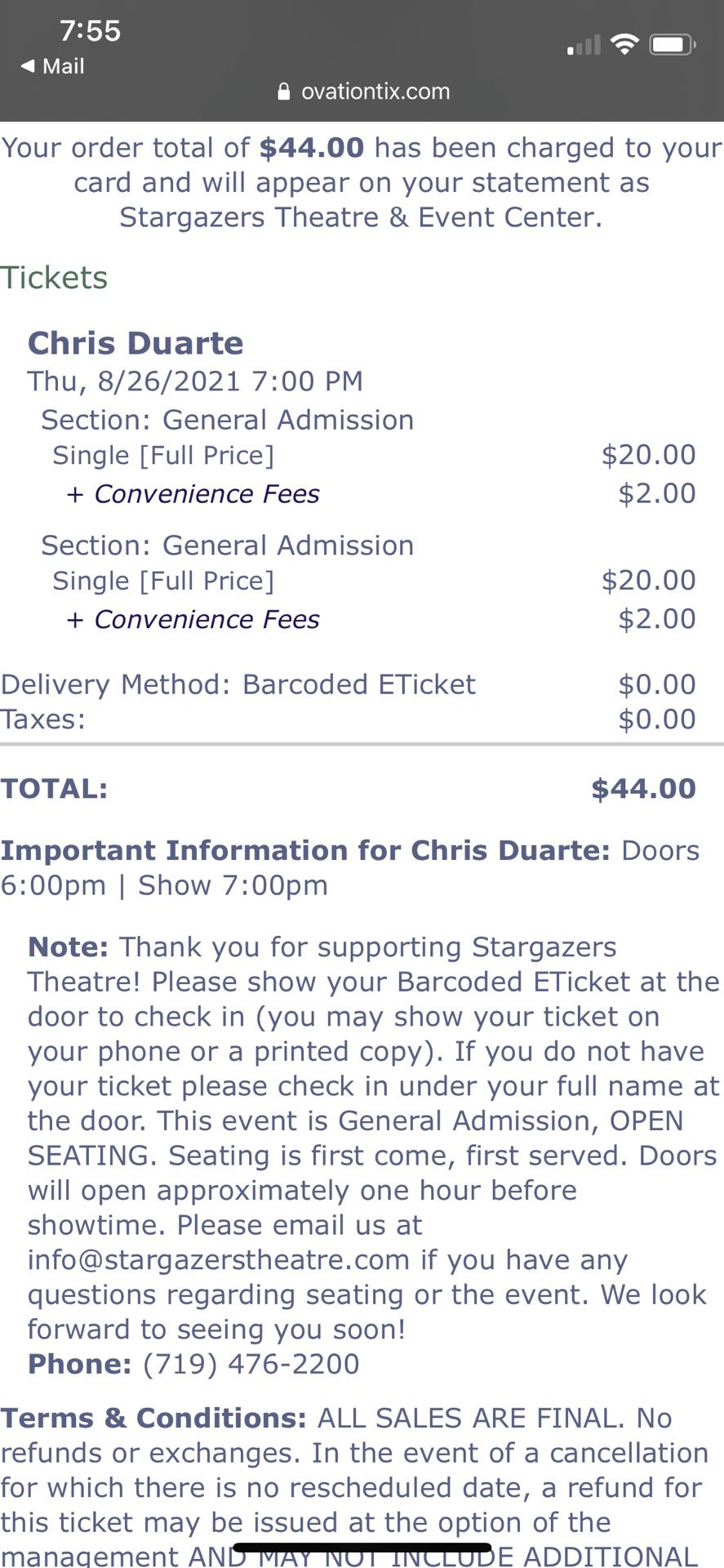 One Extra Ticket To Chris Duarte 8/26 At Stargazers Theater