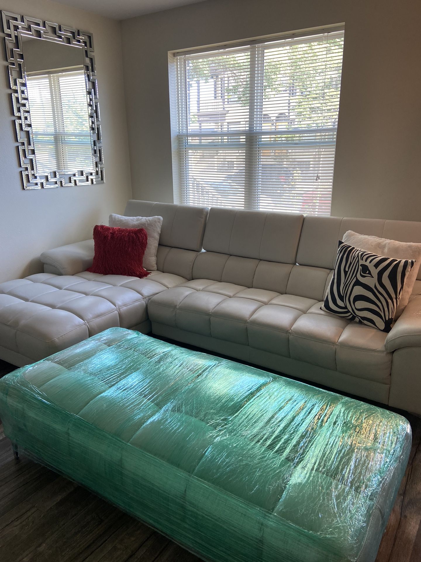 Off-White Faux Leather Sectional (couch + chaise + ottoman)