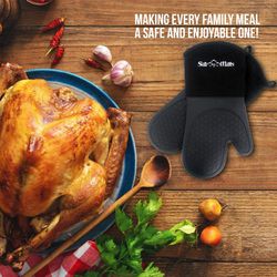 Silicone Oven Mitts Heat Resistant 500 Degrees - 2 Extra Long Silicone Oven Mitt Pot Holders - Food Safe Oven Gloves - BPA Free - Soft Inner Lining - Thumbnail