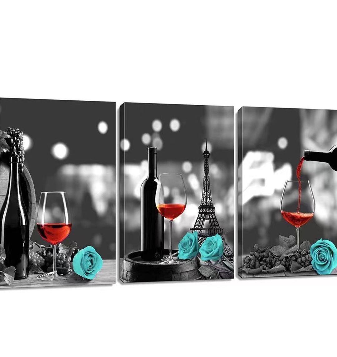 Kitchen Wall Decor Canvas Wall Art Red Wine Teal Rose Artwork for Home Walls Black and White Painting Giclee Printed Dining Room Decor Turquoise Pine 