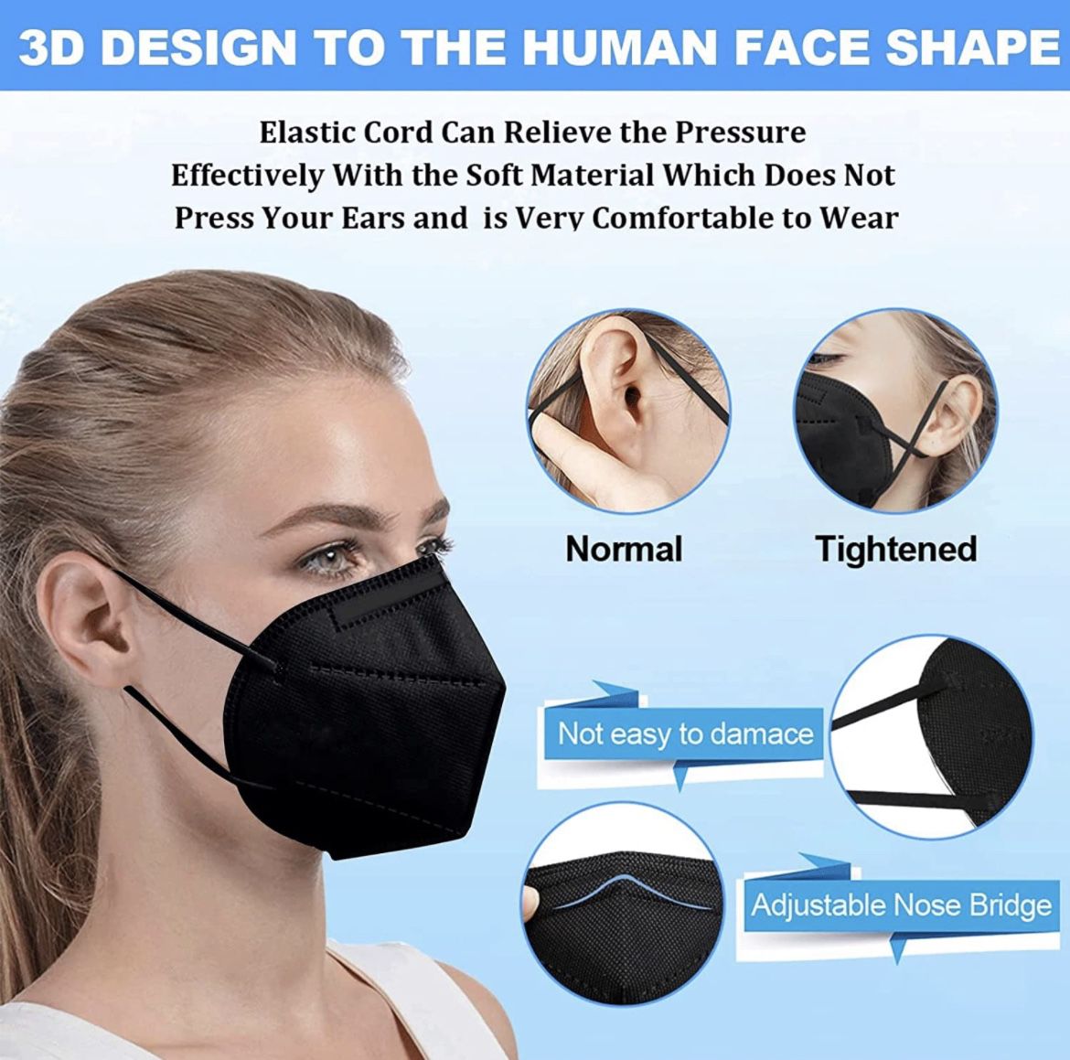 50pcs Face Mask Black 5 Layer Cup Dust Safety Masks Breathable & Comfortable 3D