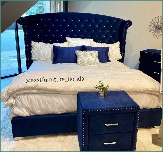 Queen bed blue velvet new tufted upholstery bed