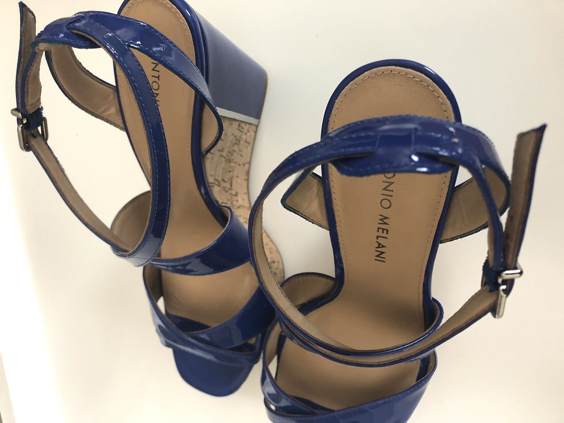 Antonio Melani Blue Sydniee Leather Cork Wedge Heels Size 8