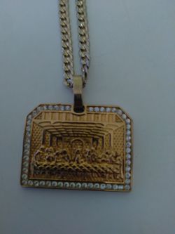 Very Nice 14kt Gold Over Staineless Steel Cuban Link Chain With Nice Jesus Charm For Sale !! Thumbnail