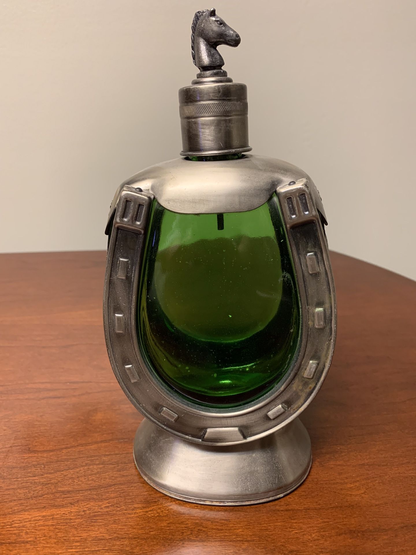 Vintage Horse Shoe Decanter Green Glass With Pewter Color Metal