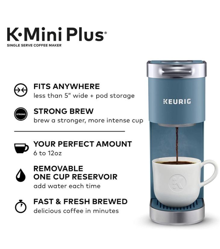 Keurig K-Mini Plus Coffee Maker, Single Serve K-Cup Pod Coffee Brewer, Comes With 6 to12 Oz Brew Size, K-Cup Pod Storage, and Travel Mug Friendly