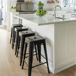 Bar Stools Set of 4 with Wooden Seat Backless Barstools Industrial Counter Height Bar Stools Stackable for Kitchen (26 inch, Matte Black ) Thumbnail