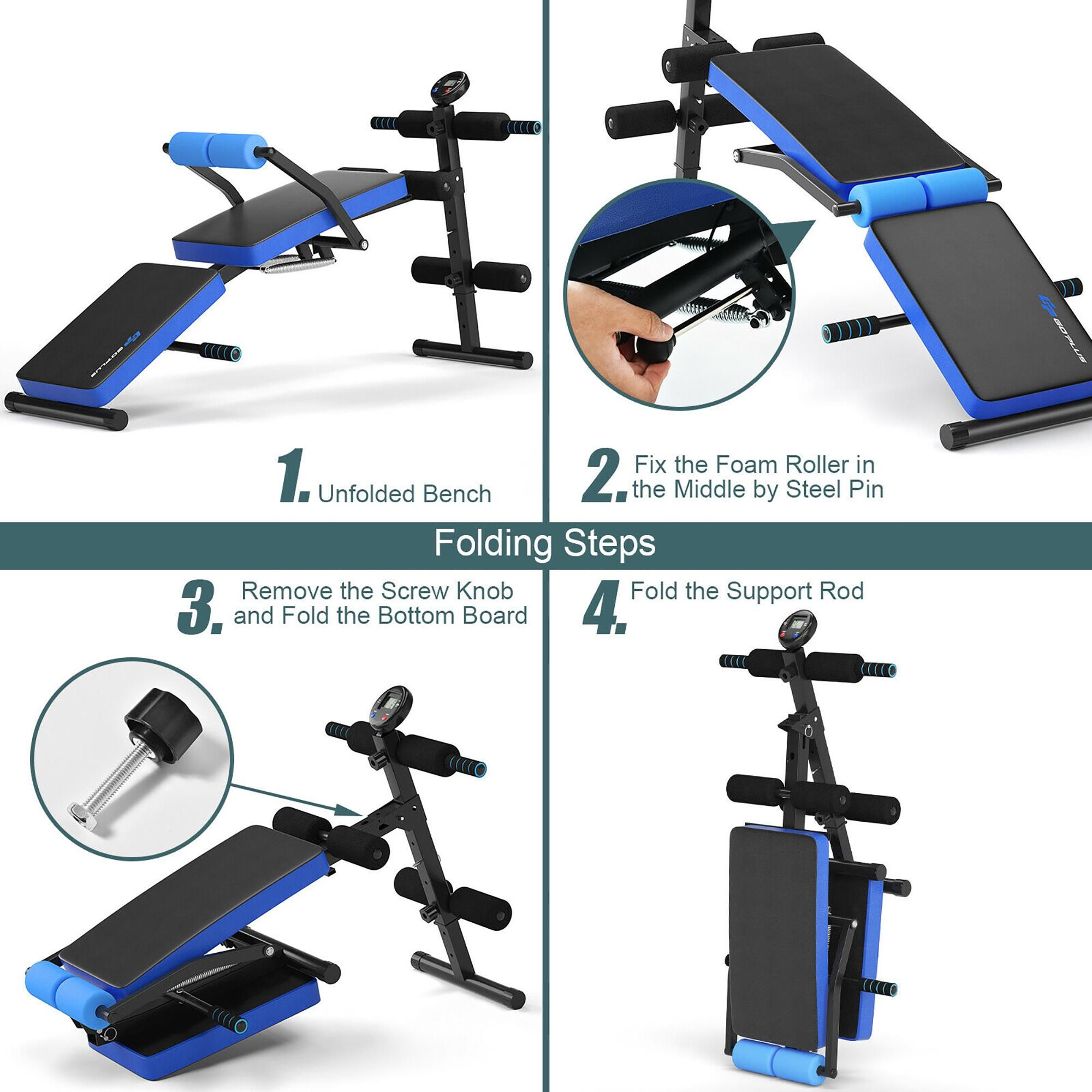 Goplus Multi-Functional Foldable Weight Bench Adjustable Sit-up Board w/ Monitor Blue