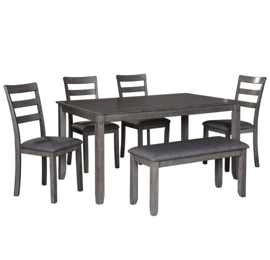 SPECIAL] Bridson Gray Dining Table and Chairs with Bench (Set of 6)