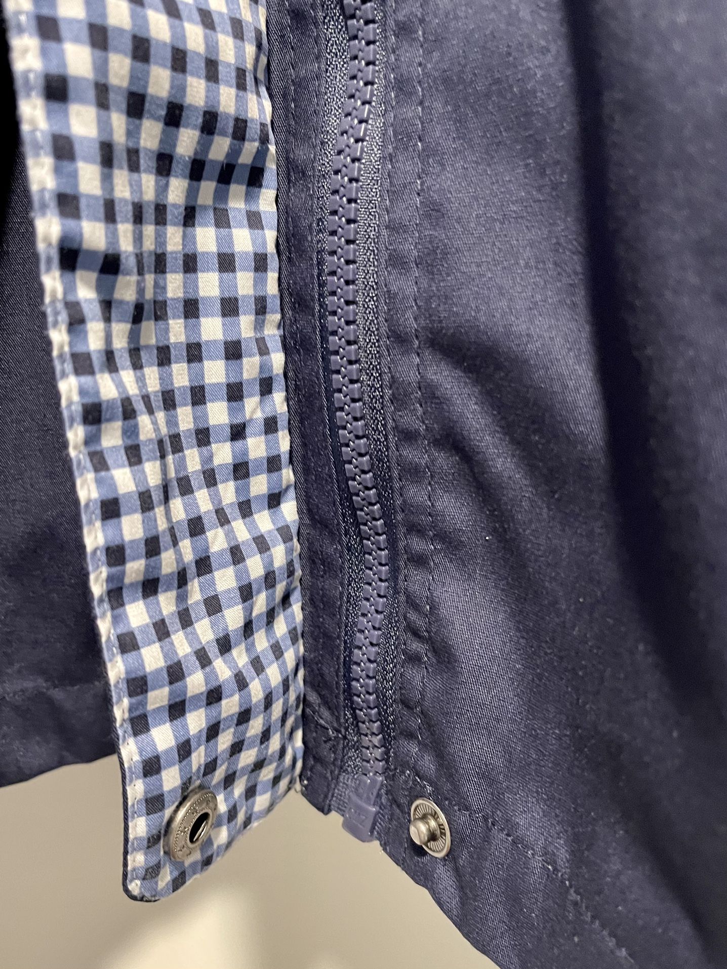 BLAIR Mens XXL Navy Blue Raincoat Jacket Hood Pockets Lining Zip Up Blue Check Cuffs