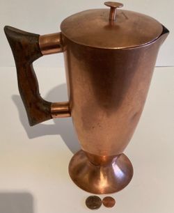 Vintage Metal Copper Serving Pitcher, Wooden Handle, 10" Tall, Kitchen Decor, Table Display, Shelf Display, This Can Be Shined Up Even More Thumbnail