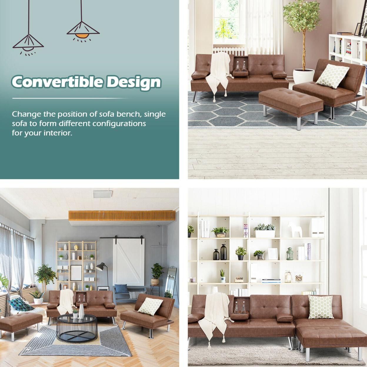 Gymax 3-Piece Sectional Sofa Set Convertible Futon w/Single Sofa & Ottoman Brown