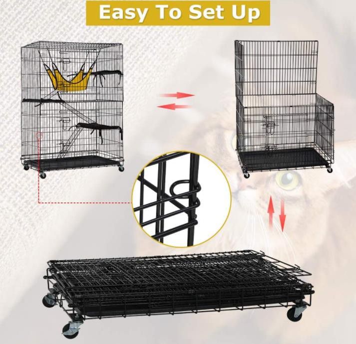 4-Tier 49 Inch Collapsible Metal Cat Kitten Ferret Cage 360° Rotating Casters Enclosure Pet Playpen with Ramp Ladders Hammock and Bed