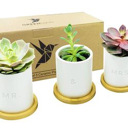 MR. & MRS. Gift Ceramic Pots - 3.5 inch White Mini Succulent Cactus Planter Pot w/ Bamboo Tray & Drainage Hole - GreenMind Design Laser Engraved Set o Thumbnail