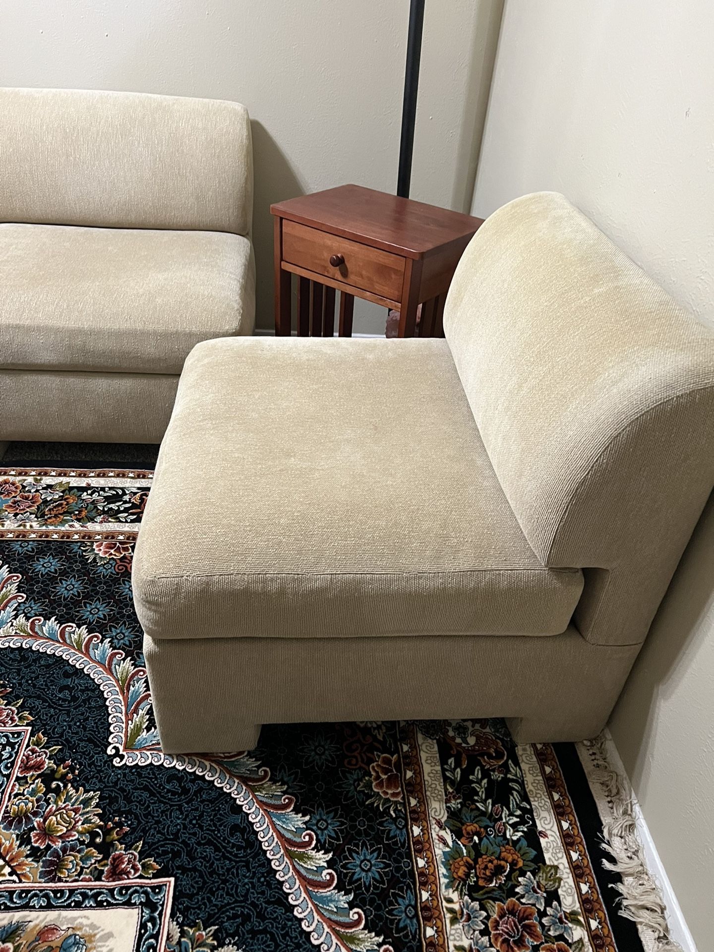 4 Piece Light Yellow Couches & One Stand Lumps /1 Rocking Chair