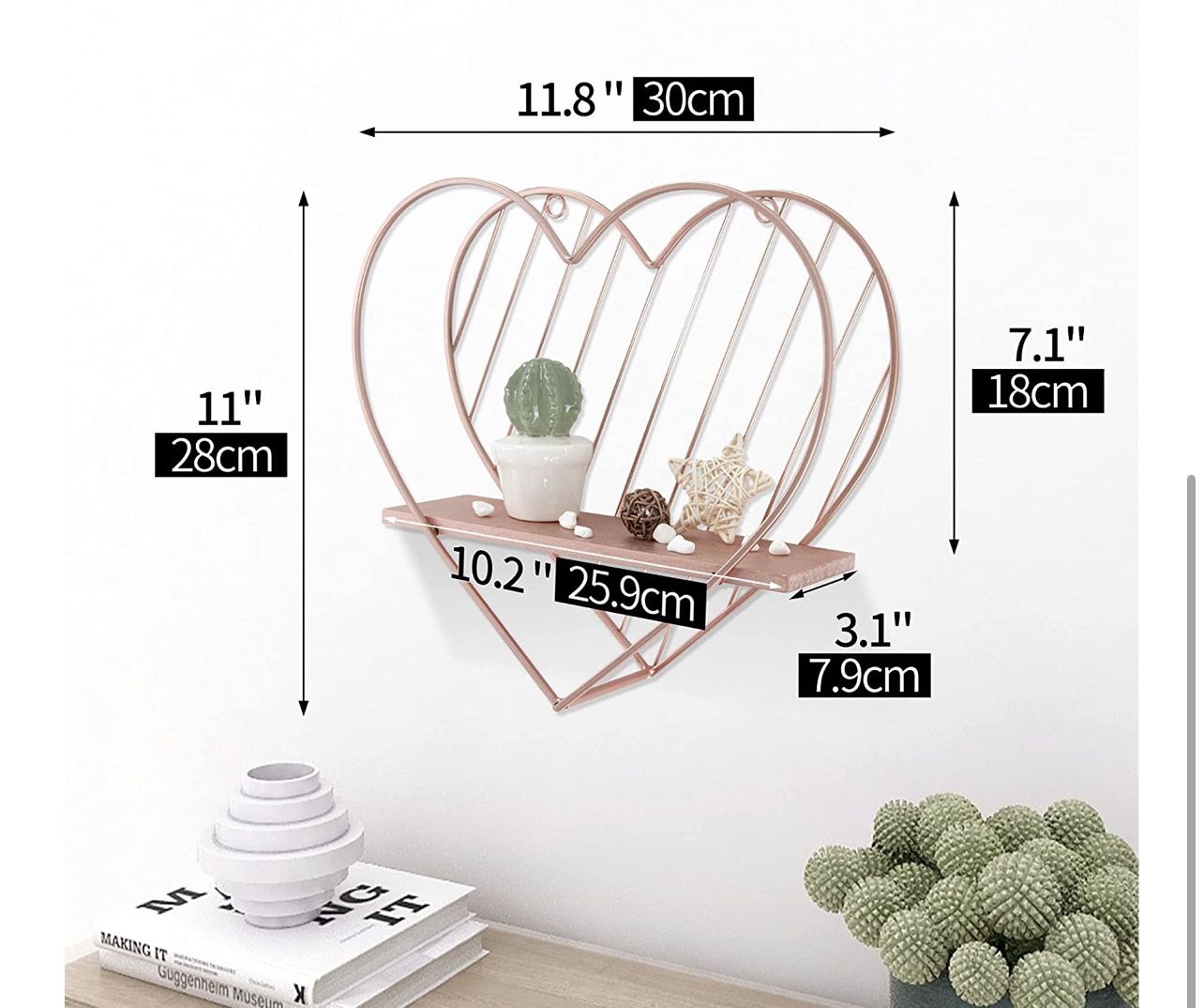 Rose Gold Floating Shelves Small Shelf Wall Mounted Metal Pink Heart Design Storage Romantic Love Shelf