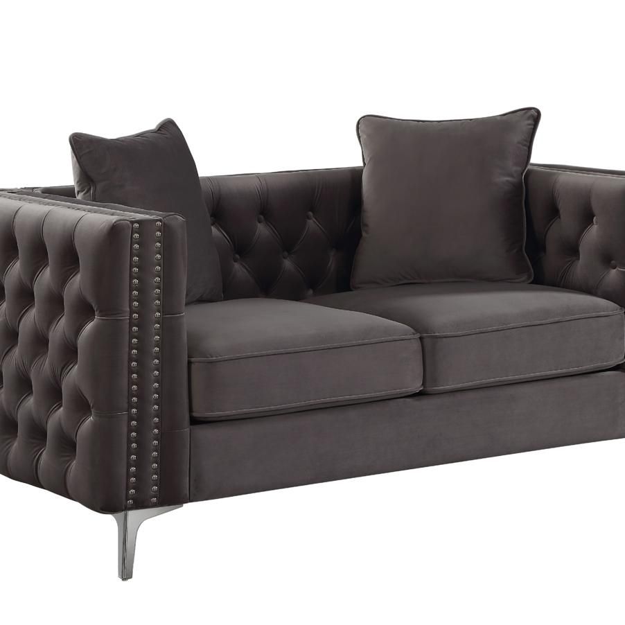 Velvet Upholstered Button Tufted Loveseat with Two Pillows, Dark Gray