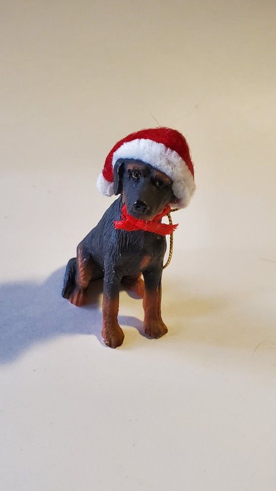 So Cute!! Tiny Guard Dog Wearing Santa Hat Figurine!!