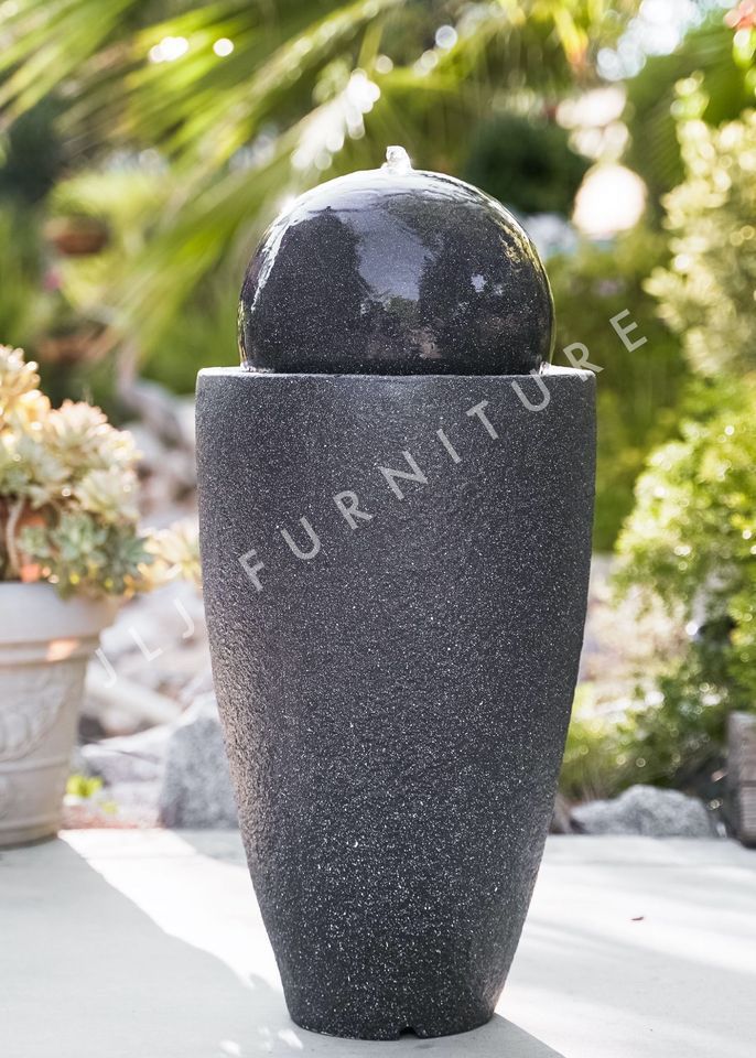 NEW Fountain Modern Stone Textured Round Sphere w/LED Lights, Indoor Outdoor Décor, 25.6" Black