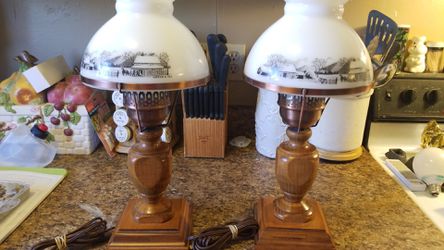 Antique Currier & Ives milk glass hurricane lamps Thumbnail