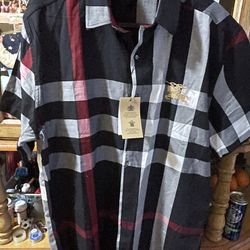 Men’s Designer Burberry Large Button Up Down Shirt Go at Nova Check Plaid  Thumbnail