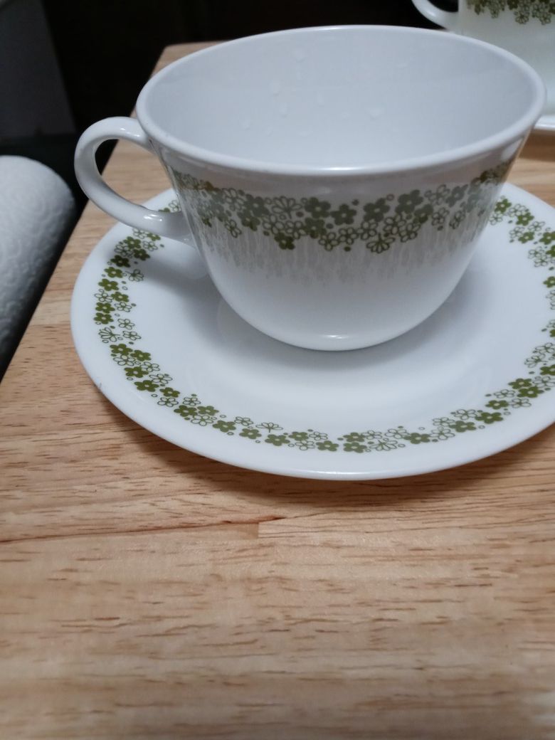 Set of (5) Spring Blossom Green Corning Tea Cups and Plates.