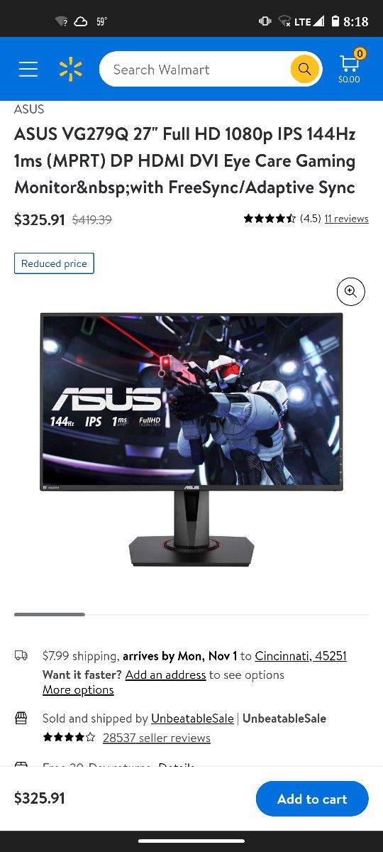 Asus VG 279 27-in Gaming Monitor 