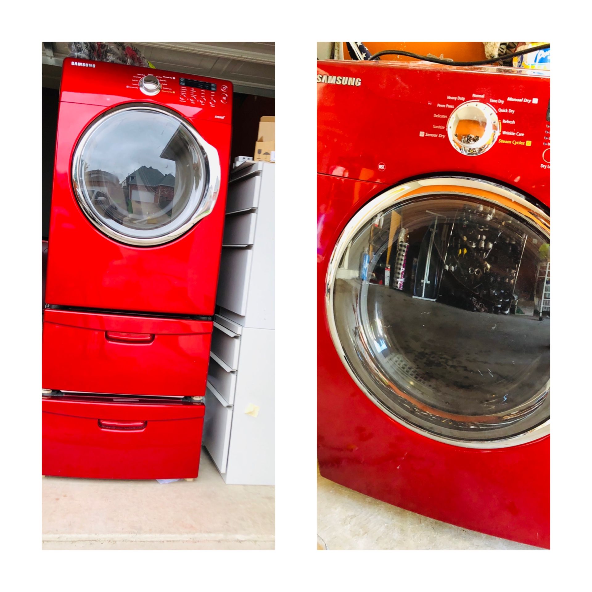 RED SAMSUNG WASHER / GAS DRYER SET WITH PEDESTALS for Sale in Irving