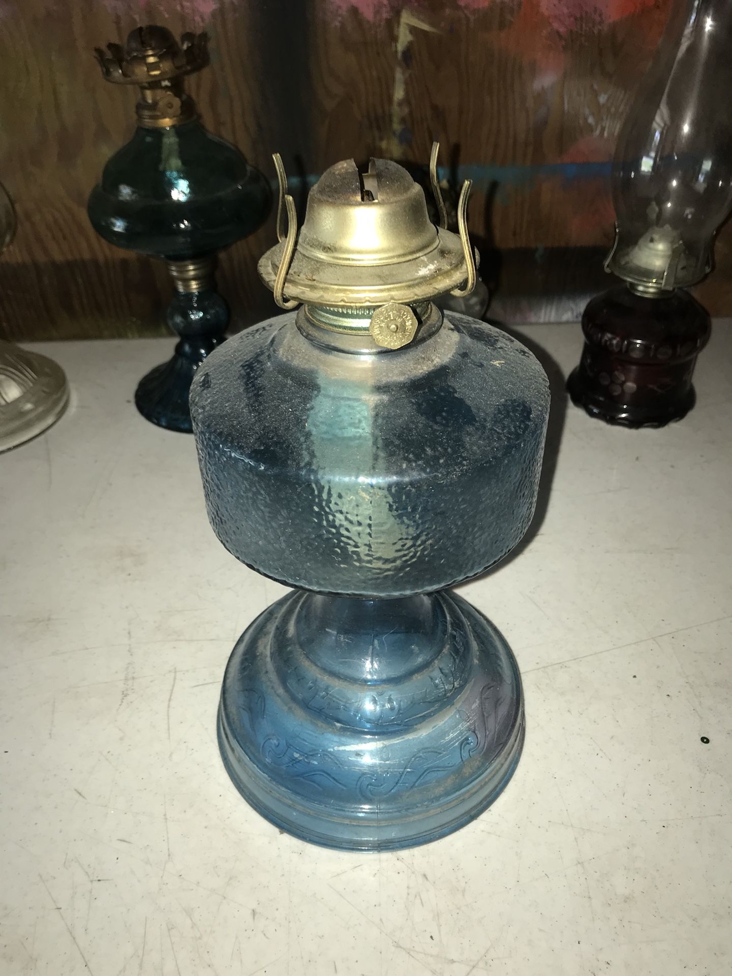 Large teal vintage hurricane lamp