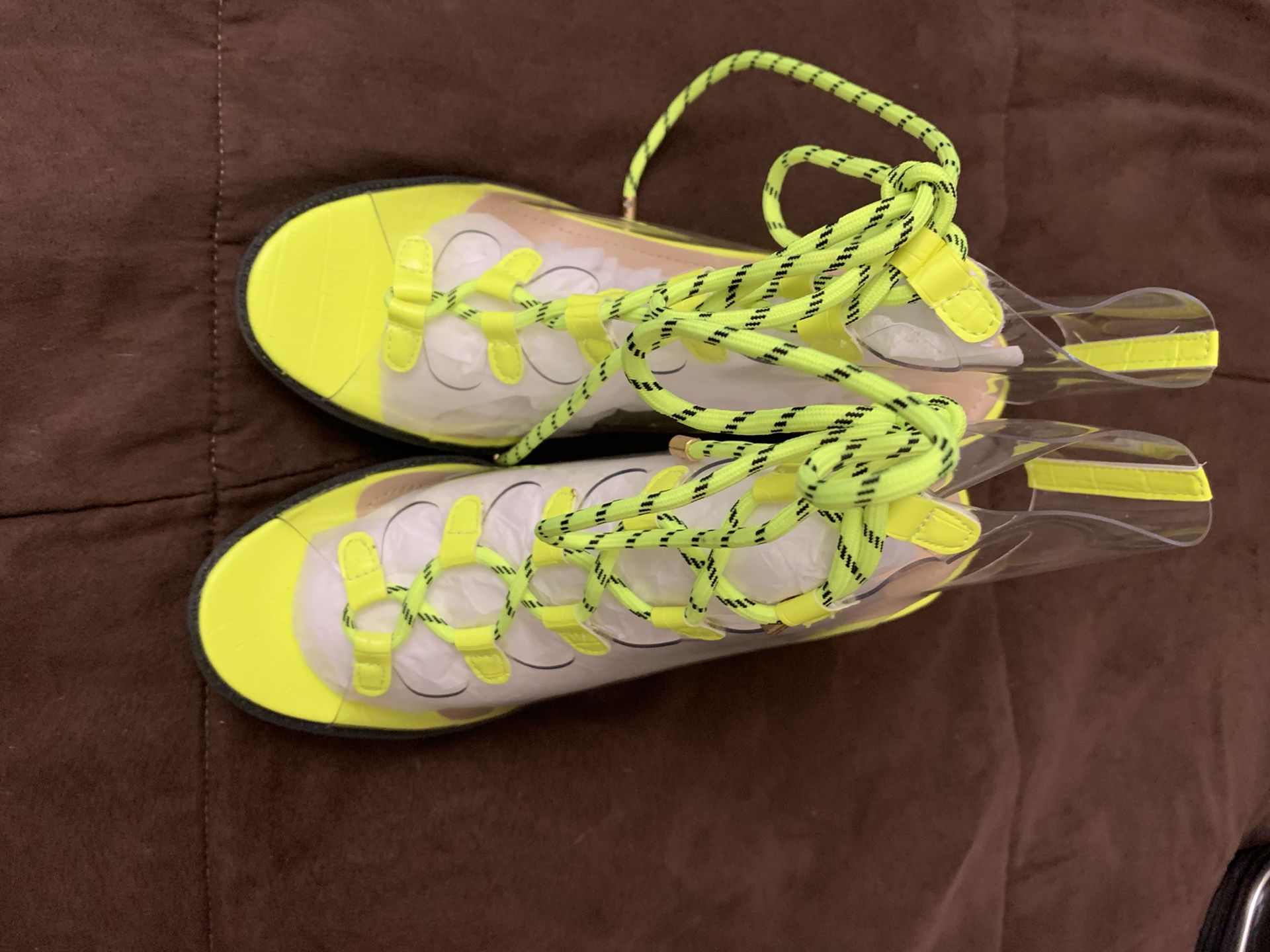 Neon yellow Transparent Chunky High Heels Clear Ankle Boots Lace Up Platform Shoes Size 10