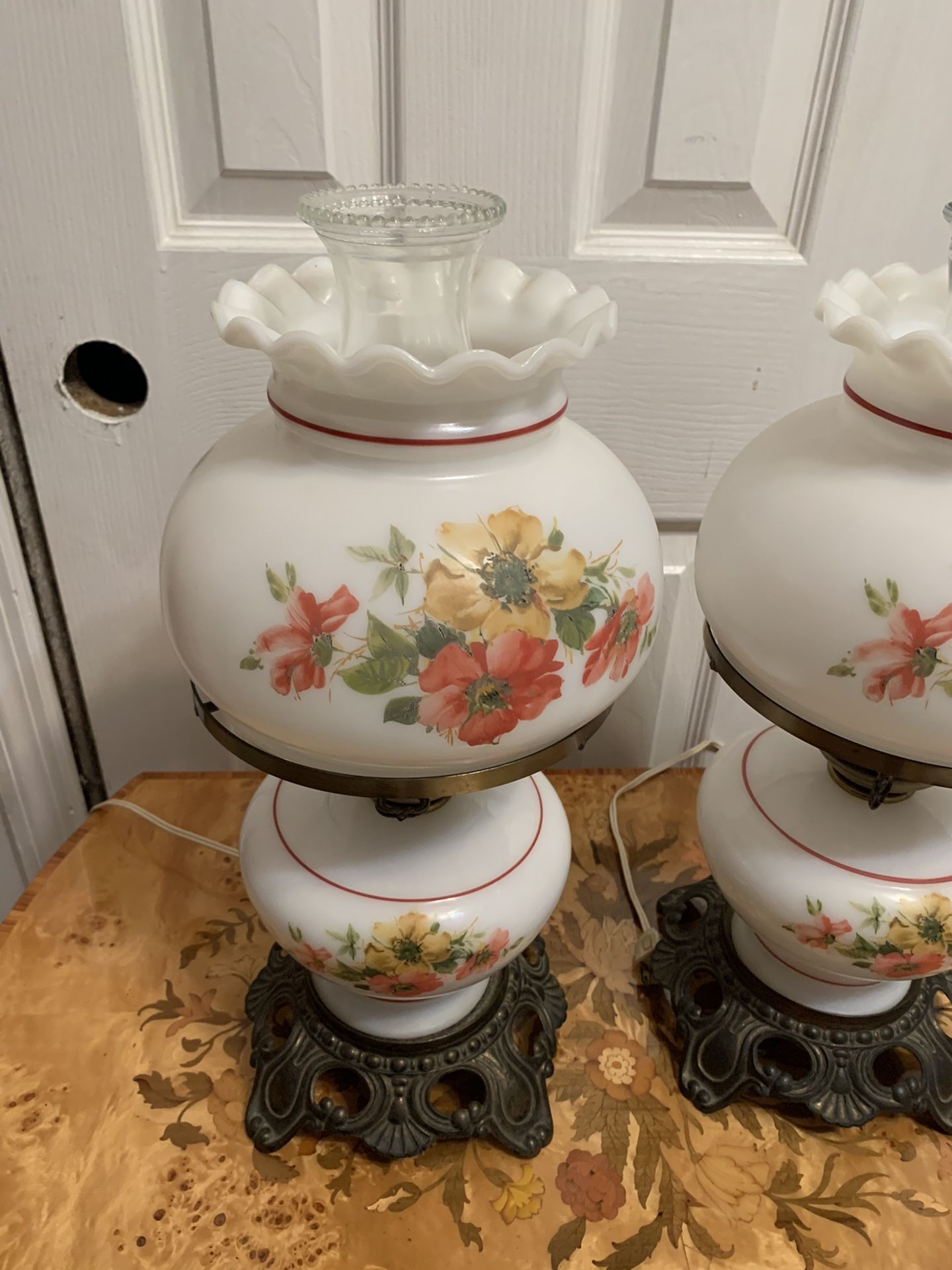 Vintage Set Of 2 Hurricane Lamp Roses Design With 3 Way Electric Lighting