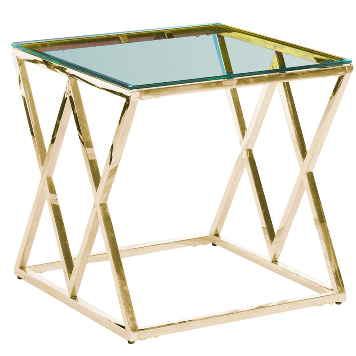 Saltoro Sherpi Diamond Shaped Metal Accent Table with Glass Top, Gold